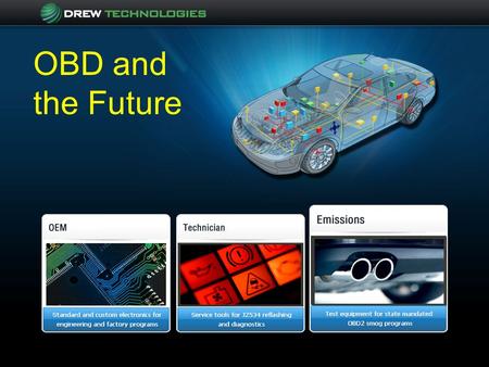 OBD and the Future. Drew Technologies Founded and incorporated in 1996 Core focus on vehicle communications and diagnostics Customers divided among 3.