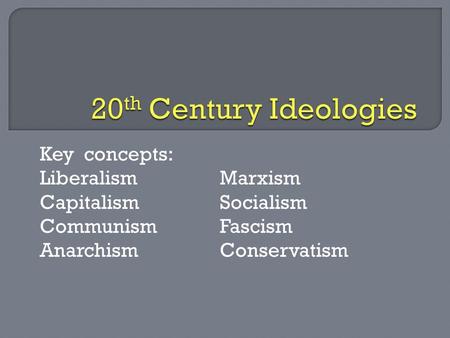 Key concepts: LiberalismMarxism CapitalismSocialism CommunismFascism AnarchismConservatism.