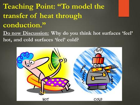 Teaching Point: “To model the transfer of heat through conduction.” Do now Discussion: Why do you think hot surfaces ‘feel’ hot, and cold surfaces ‘feel’