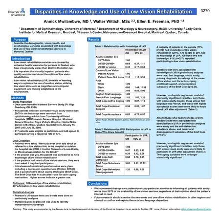 Annick Mwilambwe, MD 1, Walter Wittich, MSc 2,3, Ellen E. Freeman, PhD 1,4 1 Department of Ophthalmology, University of Montreal, 2 Department of Neurology.