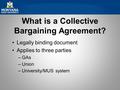 What is a Collective Bargaining Agreement? Legally binding document Applies to three parties –GAs –Union –University/MUS system.