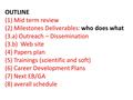 OUTLINE (1) Mid term review (2) Milestones Deliverables: who does what (3.a) Outreach – Dissemination (3.b) Web site (4) Papers plan (5) Trainings (scientific.