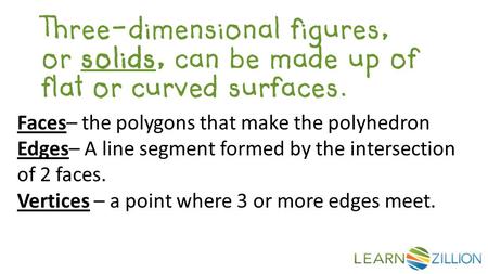 Three-dimensional figures, or solids, can be made up of flat or curved surfaces. Faces– the polygons that make the polyhedron Edges– A line segment formed.