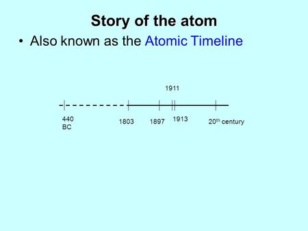 Story of the atom Also known as the Atomic Timeline 440 BC 1803 1911 1897 1913 20 th century.