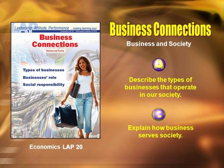 LAP 20 Economics LAP 20 Describe the types of businesses that operate in our society. Explain how business serves society. Business and Society.