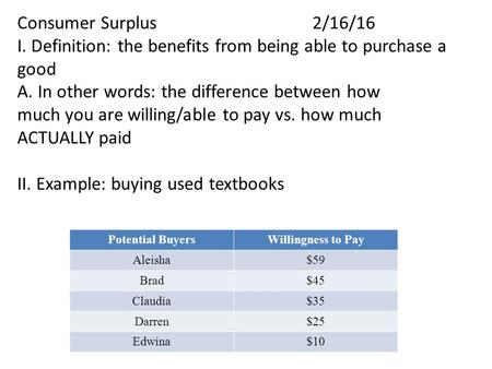 Consumer Surplus2/16/16 I. Definition: the benefits from being able to purchase a good A. In other words: the difference between how much you are willing/able.