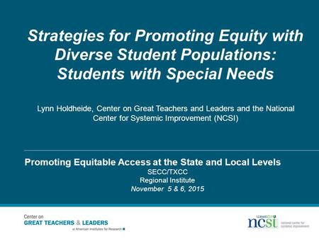 Strategies for Promoting Equity with Diverse Student Populations: Students with Special Needs Lynn Holdheide, Center on Great Teachers and Leaders and.