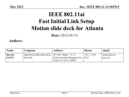 Doc.: IEEE 802.11-12-0655r5 Submission May 2012 Hiroshi Mano (ATRD, Root, Lab)Slide 1 IEEE 802.11ai Fast Initial Link Setup Motion slide deck for Atlanta.