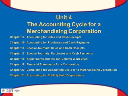 0 Glencoe Accounting Unit 4 Chapter 21 Copyright © by The McGraw-Hill Companies, Inc. All rights reserved. Unit 4 The Accounting Cycle for a Merchandising.