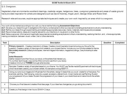 GCSE Textile Art Exam 2014 Q 3. Overgrown. Neglected urban environments woodland clearings, roadside verges, hedgerows, trees, overgrown grasslands and.