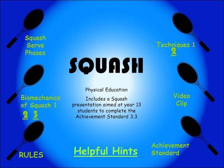 SQUASH Physical Education Includes a Squash presentation aimed at year 13 students to complete the Achievement Standard 3.3 Squash Serve Phases Biomechanics.