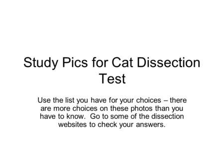 Study Pics for Cat Dissection Test Use the list you have for your choices – there are more choices on these photos than you have to know. Go to some of.