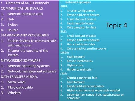 Elements of an ICT networks COMMUNICATION DEVICES: 1.Network interface card 2.Hub 3.Switch 4.Router STANDARDS AND PROCEDURES: 1.Enable devices to communicate.