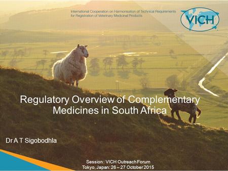 Regulatory Overview of Complementary Medicines in South Africa Dr A T Sigobodhla Session : VICH Outreach Forum Tokyo, Japan: 26 – 27 October 2015.