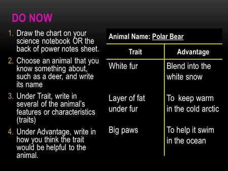 1.Draw the chart on your science notebook OR the back of power notes sheet. 2.Choose an animal that you know something about, such as a deer, and write.