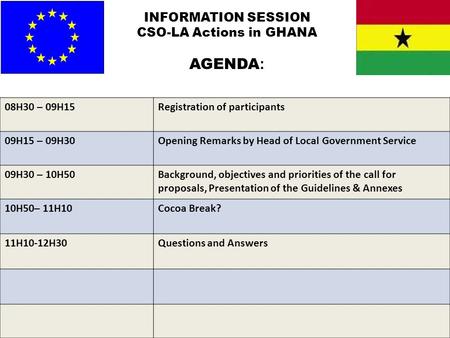 INFORMATION SESSION CSO-LA Actions in GHANA AGENDA : 08H30 – 09H15Registration of participants 09H15 – 09H30Opening Remarks by Head of Local Government.