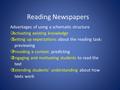 Reading Newspapers Advantages of using a schematic structure Activating existing knowledge Setting up expectations about the reading task: previewing.