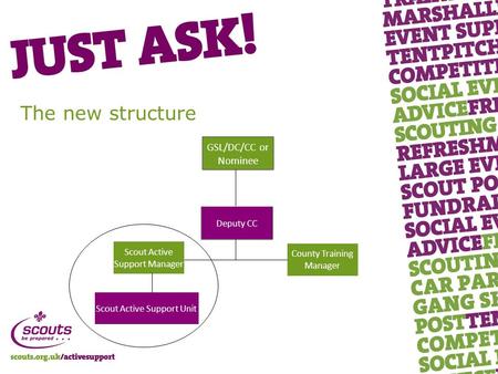 GSL/DC/CC or Nominee Scout Active Support Manager Scout Active Support Unit Deputy CC County Training Manager The new structure.