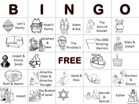 Lehi’s Family Noah’s Family Adam & Eve Abraham & Isaac Jacob & Esau Joseph Moses Mary & Joseph Ruth & Naomi Esther Hannah & Samuel Mormon & Moroni Alma.