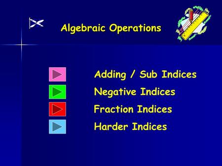 Algebraic Operations Adding / Sub Indices Negative Indices Fraction Indices Harder Indices.