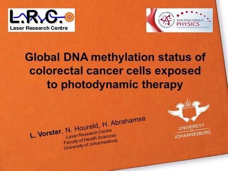 Global DNA methylation status of colorectal cancer cells exposed to photodynamic therapy L. Vorster, N. Houreld, H. Abrahamse Laser Research Centre Faculty.