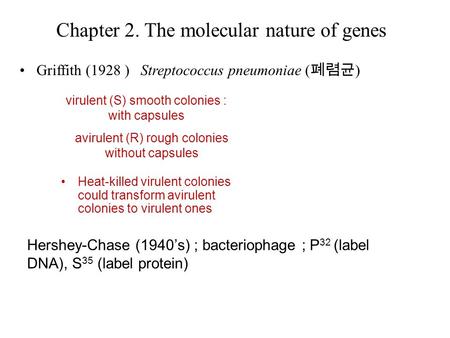 Griffith (1928 ) Streptococcus pneumoniae ( 폐렴균 ) virulent (S) smooth colonies : with capsules Heat-killed virulent colonies could transform avirulent.