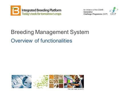 An initiative of the CGIAR Generation Challenge Programme (GCP) Breeding Management System Overview of functionalities Photo credit: Isagani Serrano/IRRI.