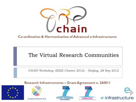 Co-ordination & Harmonisation of Advanced e-Infrastructures Research Infrastructures – Grant Agreement n. 260011 The Virtual Research Communities CHAIN.