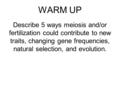 WARM UP Describe 5 ways meiosis and/or fertilization could contribute to new traits, changing gene frequencies, natural selection, and evolution.