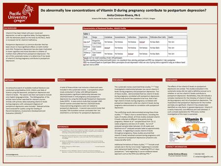 Do abnormally low concentrations of Vitamin D during pregnancy contribute to postpartum depression? Anita Cintron-Rivera, PA-S School of PA Studies | Pacific.