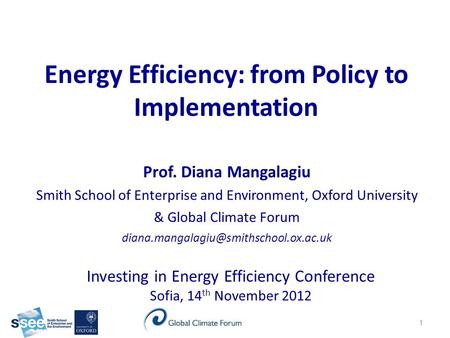 Energy Efficiency: from Policy to Implementation Investing in Energy Efficiency Conference Sofia, 14 th November 2012 Prof. Diana Mangalagiu Smith School.