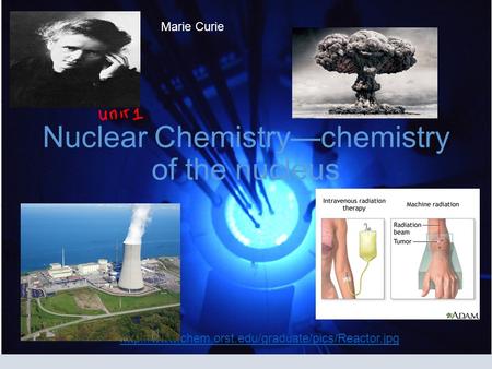 Nuclear Chemistry—chemistry of the nucleus Chemistry of the Nucleus  Marie Curie.