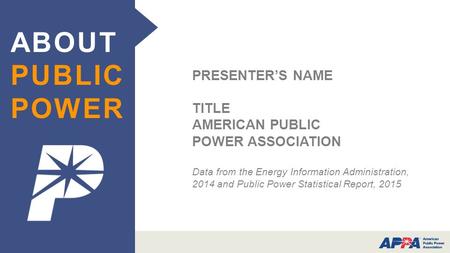 PRESENTER’S NAME TITLE AMERICAN PUBLIC POWER ASSOCIATION Data from the Energy Information Administration, 2014 and Public Power Statistical Report, 2015.