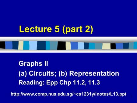 1 Lecture 5 (part 2) Graphs II (a) Circuits; (b) Representation Reading: Epp Chp 11.2, 11.3