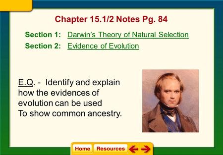 Chapter 15.1/2 Notes Pg. 84 Section 1: Darwin’s Theory of Natural Selection Section 2: Evidence of Evolution E.Q. - Identify and explain how the evidences.