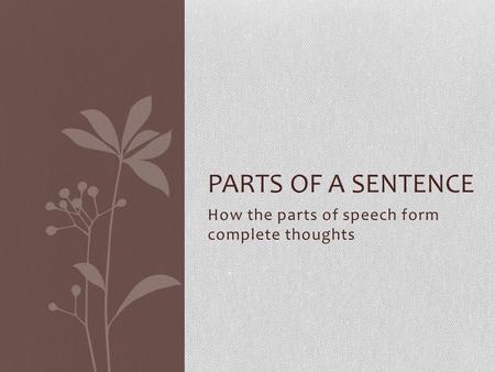 How the parts of speech form complete thoughts PARTS OF A SENTENCE.