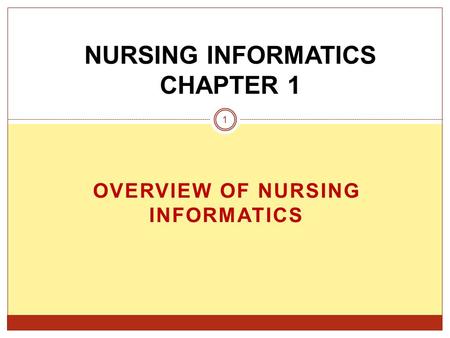 OVERVIEW OF NURSING INFORMATICS NURSING INFORMATICS CHAPTER 1 1.