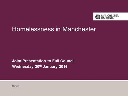 Names Joint Presentation to Full Council Wednesday 20 th January 2016 Homelessness in Manchester.