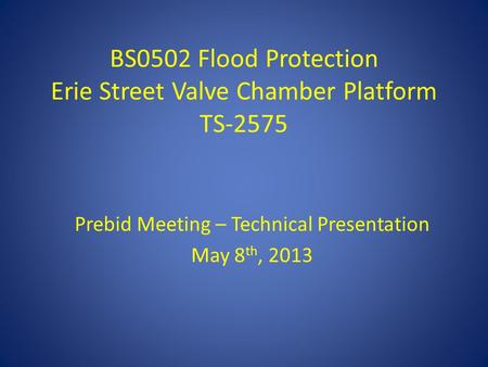 BS0502 Flood Protection Erie Street Valve Chamber Platform TS-2575 Prebid Meeting – Technical Presentation May 8 th, 2013.