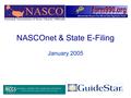 NASCOnet & State E-Filing January 2005. This Presentation I.Overview II.How E-Filing and XML Work III.NASCOnet XML SuperSchema IV.Implementation of State.