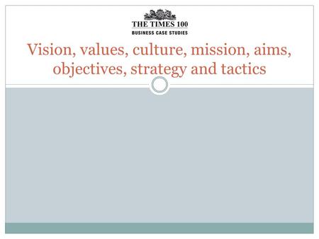 Vision, values, culture, mission, aims, objectives, strategy and tactics.