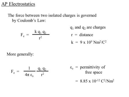 AP Electrostatics The force between two isolated charges is governed by Coulomb’s Law: F e = k q 1 q 2 r2r2 q 1 and q 2 are charges r = distance k = 9.