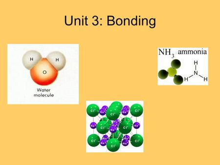 Unit 3: Bonding. Energy and Chemical Bonds Chemical bonds are forces that hold atoms together in a compound Bonds are formed by either: 1.The transfer.