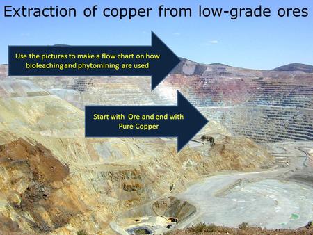 Extraction of copper from low-grade ores Start with Ore and end with Pure Copper Use the pictures to make a flow chart on how bioleaching and phytomining.