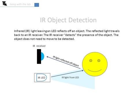 IR Object Detection living with the lab IR light from LED IR light reflected off object IR LED IR receiver Infrared (IR) light leaving an LED reflects.