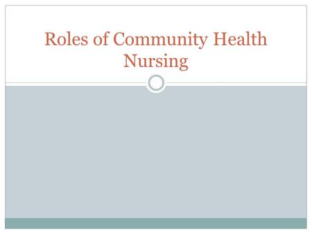 Roles of Community Health Nursing. Learning Objectives 1. Describe and differentiate among seven different roles of the community health nurse 2. Discuss.