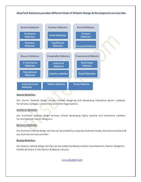 AksaTech Solutions provides different kinds of Website Design & Development services like: Alumni Websites: Our Alumni Website design service includes.