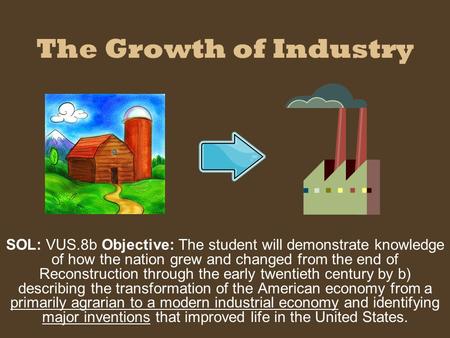 The Growth of Industry SOL: VUS.8b Objective: The student will demonstrate knowledge of how the nation grew and changed from the end of Reconstruction.