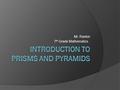 Mr. Rankin 7 th Grade Mathematics. Prisms  Polyhedron  Two Parallel Faces called Bases  All other faces are parallelograms  Named after the shape.