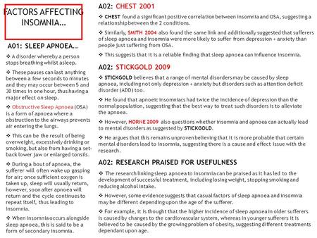 FACTORS AFFECTING INSOMNIA… A01: SLEEP APNOEA…  A disorder whereby a person stops breathing whilst asleep.  These pauses can last anything between a.